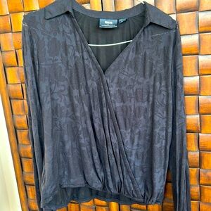 Maeve black semi sheer flowered surplice top.